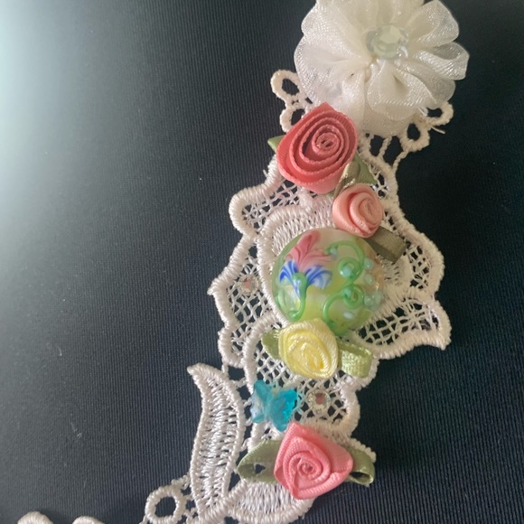 Bib Necklace flapper image glass hand sewn glass beads satin ribbon flowers - Picture 6 of 17